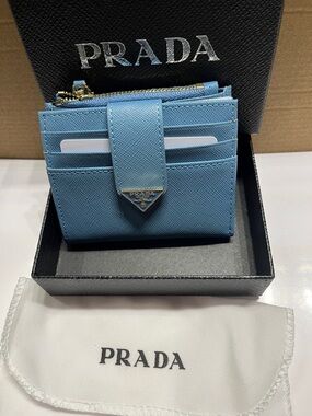 NWOT Authentic Prada Light Blue Saffiano Leather Card Case with Zip Pocket. OBO